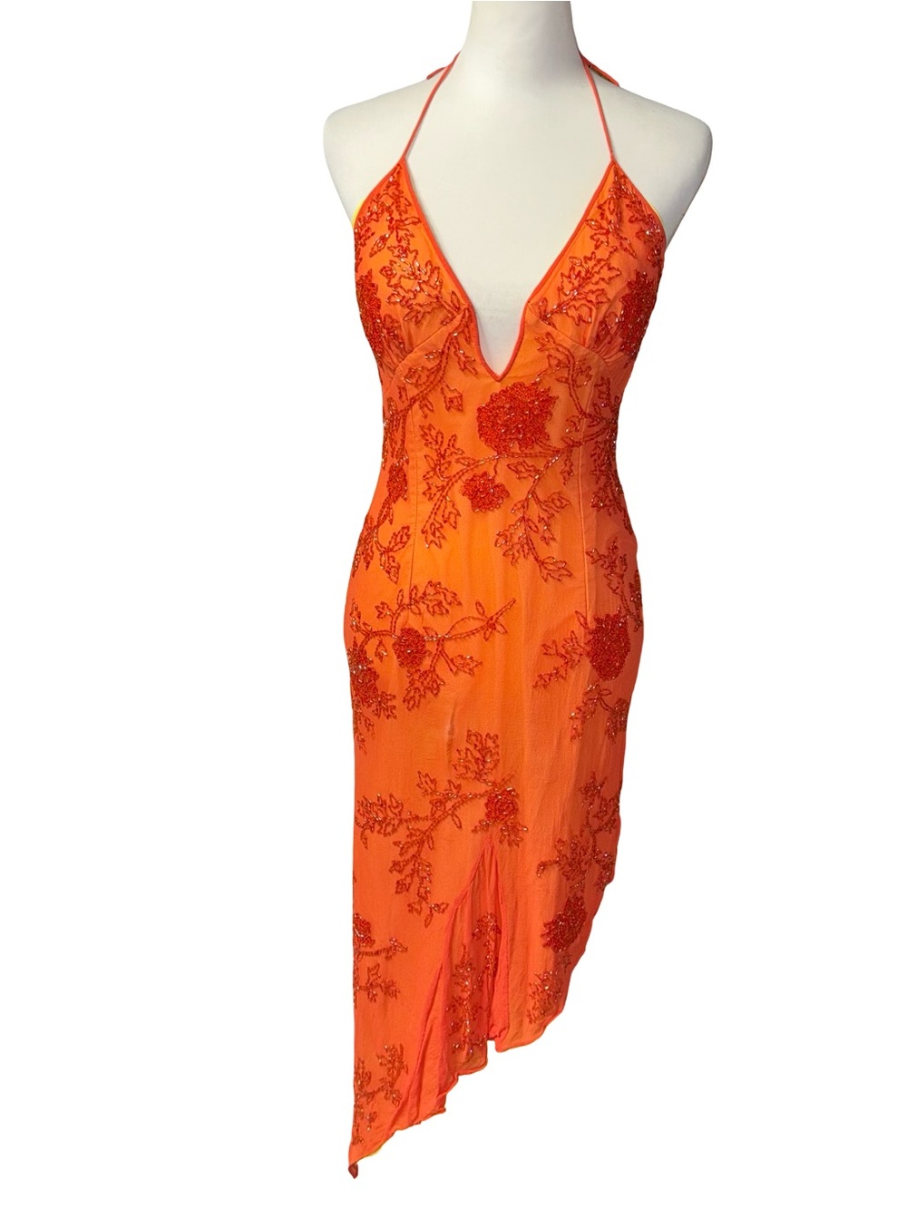 Vintage Y2K Cache Orange Pure Silk Beaded Asymmetrical Party Dress Sz Medium